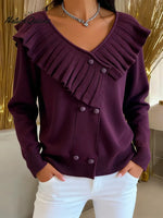 Women's Solid Color V-neck Long Sleeve Casual Loose Ruffled Knit Cardigan