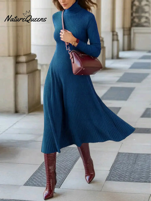 Women's Solid Color High-neck Long-sleeve Casual Loose A-line Knit Dress