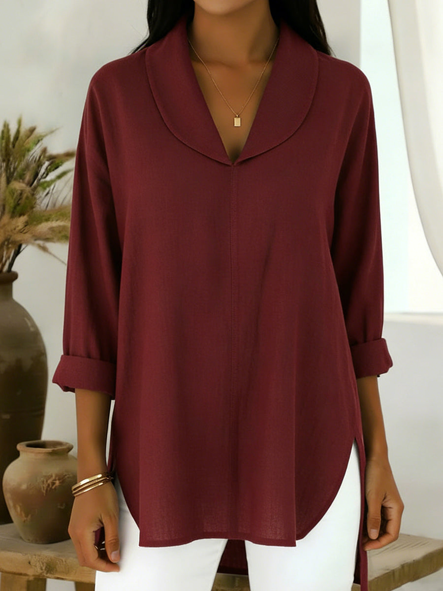 Cozy Notched-collar Linen Shirt Top
