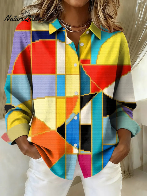 Women's Geometric Pattern Art Print Casual Cotton Shirt