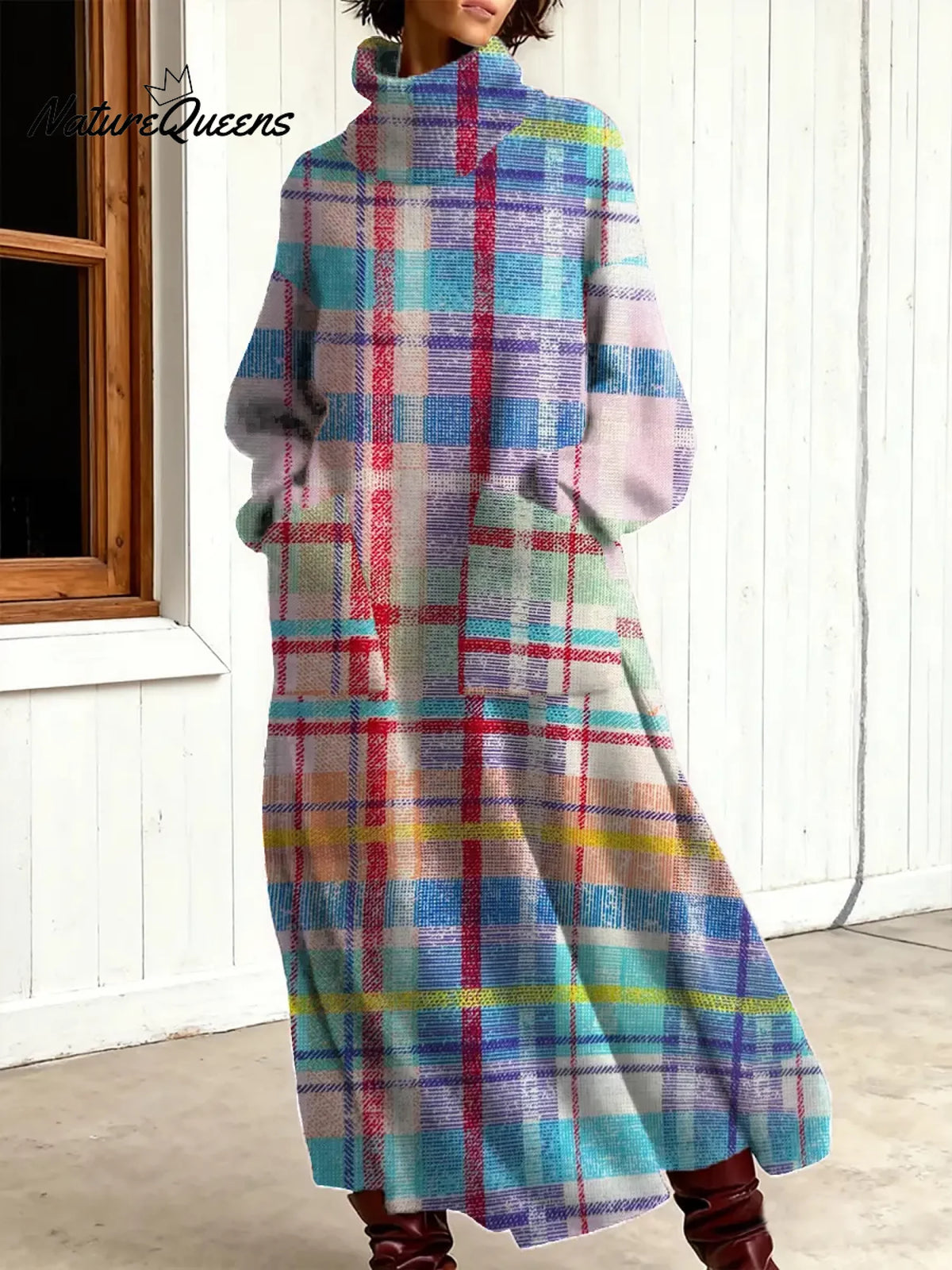 Women's Vintage Plaid Art Print Casual Cotton Knitted Dress