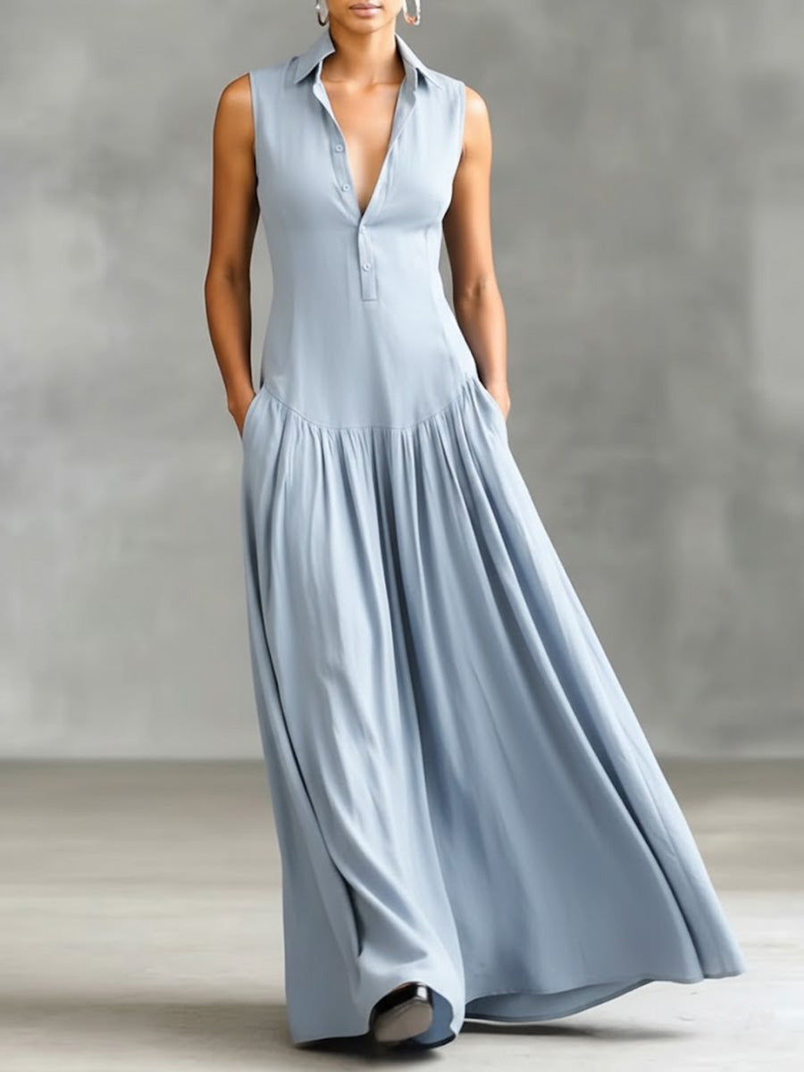 Women's Solid Color Lapel Sleeveless Casual Loose Cotton Dress