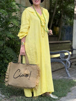 Women's Solid Color Ruffled V-neck Long-sleeve Casual Loose Cotton-linen Dress