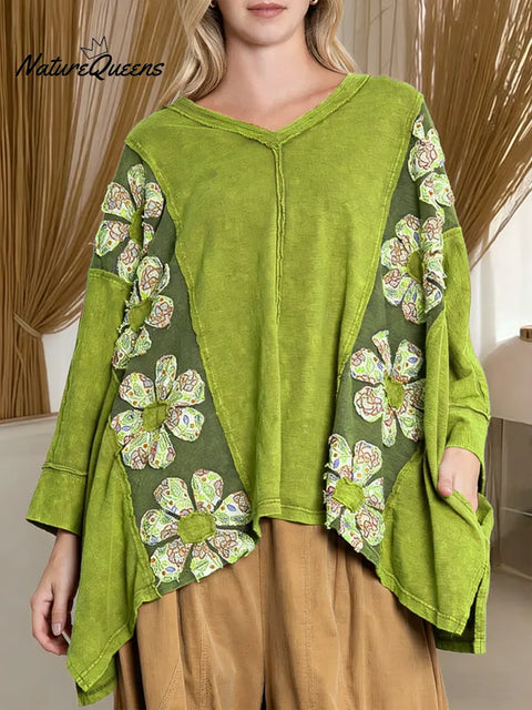 Women's Color-blocked Print V-neck Long-sleeve Casual Loose Cotton Top