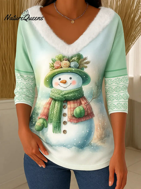 Women's Christmas Print V-Neck Long Sleeve Casual Loose Top