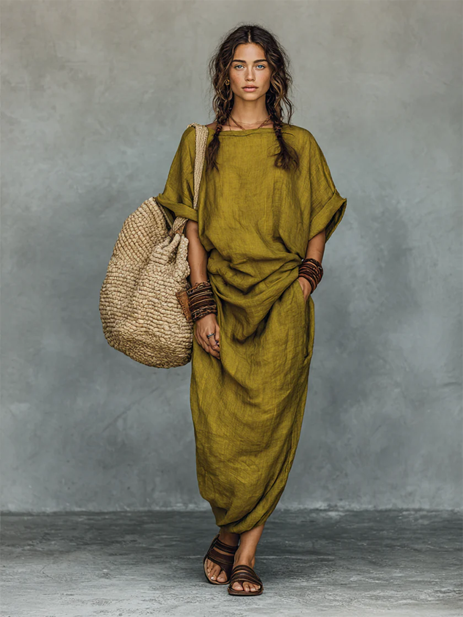 Casual Boat-neck Pleated Cotton-linen Dress