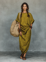 Casual Boat-neck Pleated Cotton-linen Dress
