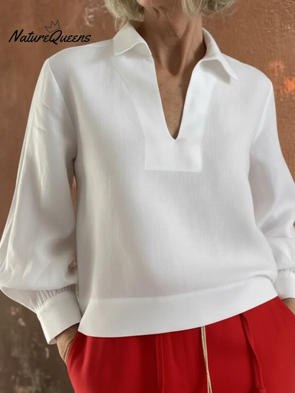 Classic Stand-up Collar Lantern Sleeve Linen Shirt Top
