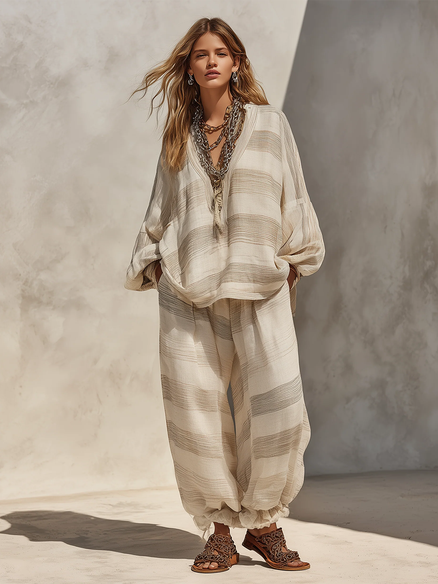 Boho Casual Vacation Style Striped Print Two-piece Set