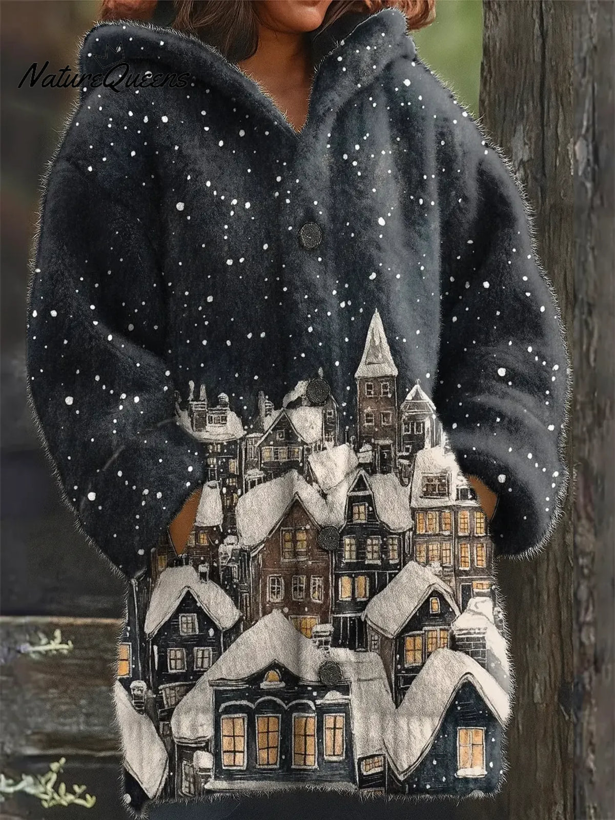 Night View Of The Small Town Casual Print Knit Hoodie