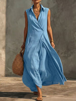 Women's Solid-color Lapel Sleeveless Loose-fit Cotton-linen Casual Dress