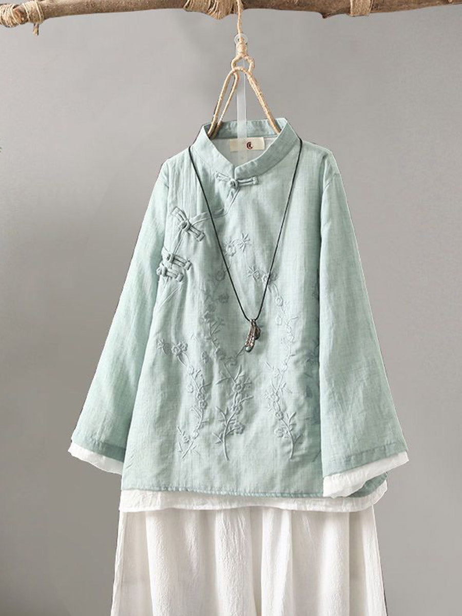 Women's Stand-collar Long-sleeve Loose-fit Casual Cotton-linen Shirt With Embroidery