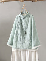 Women's Stand-collar Long-sleeve Loose-fit Casual Cotton-linen Shirt With Embroidery