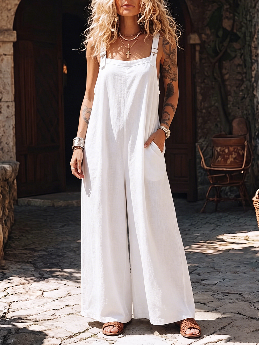 Boho Breathable Cotton-linen Jumpsuit With Pockets – Casual Vacation Style