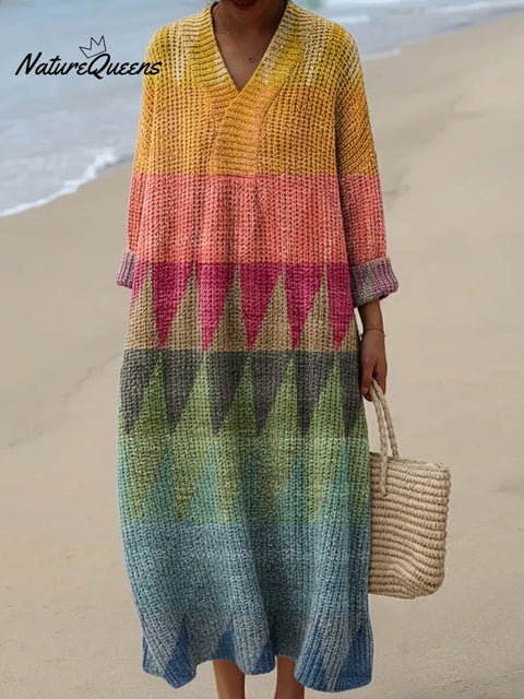 Women's Abstract Geometric Pattern Art Print Casual Cotton Knitted Dress