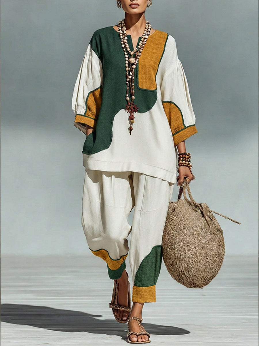 Casual Artistic Color-blocked Linen And Cotton Top And Pants Two-piece Set