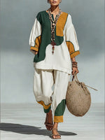 Casual Artistic Color-blocked Linen And Cotton Top And Pants Two-piece Set