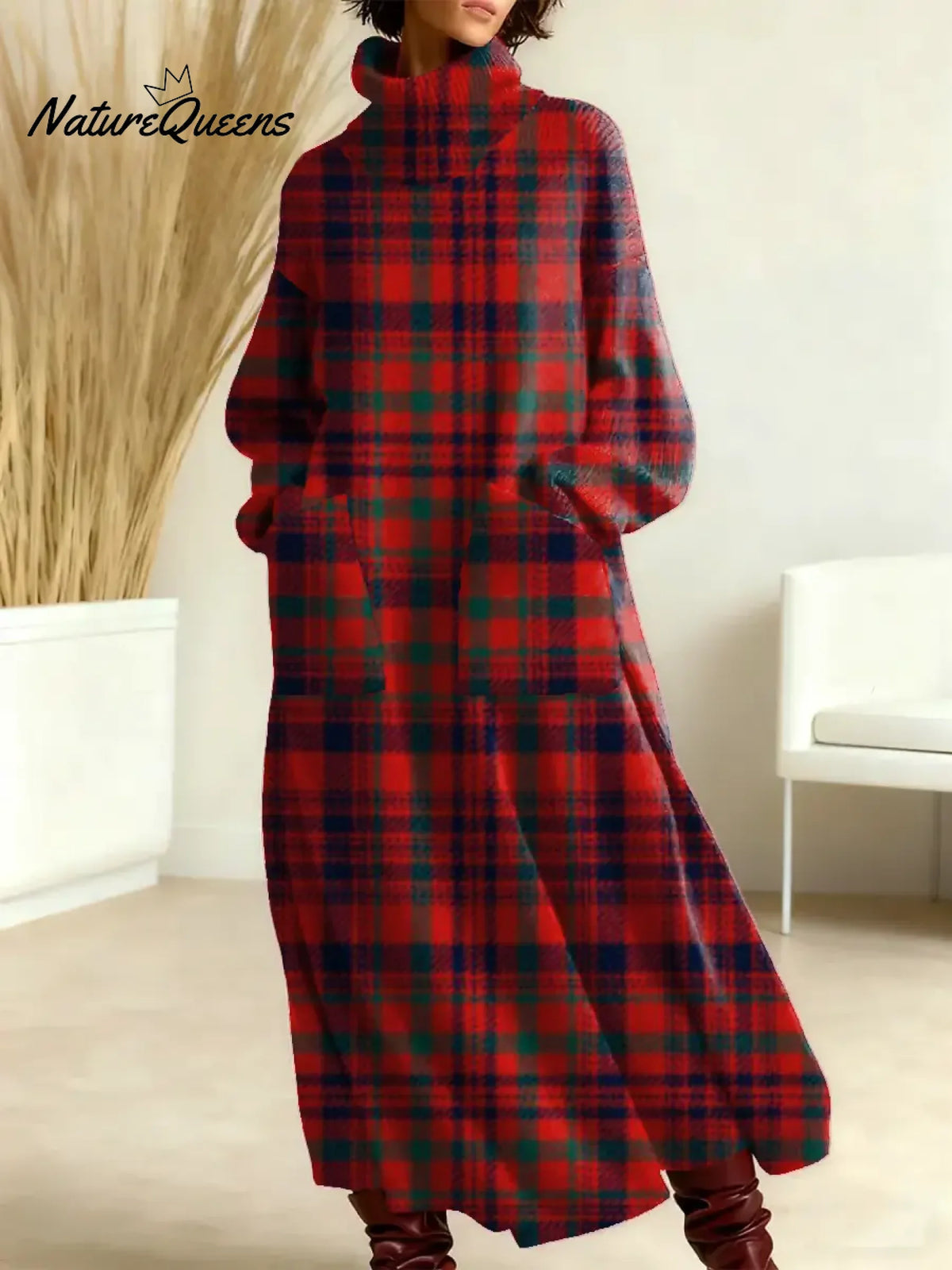 Women's Vintage Plaid Art Print Casual Cotton Knitted Dress