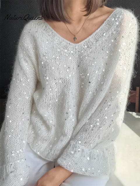 Dreamy Winter V-neck Loose Sequined Sweater Top