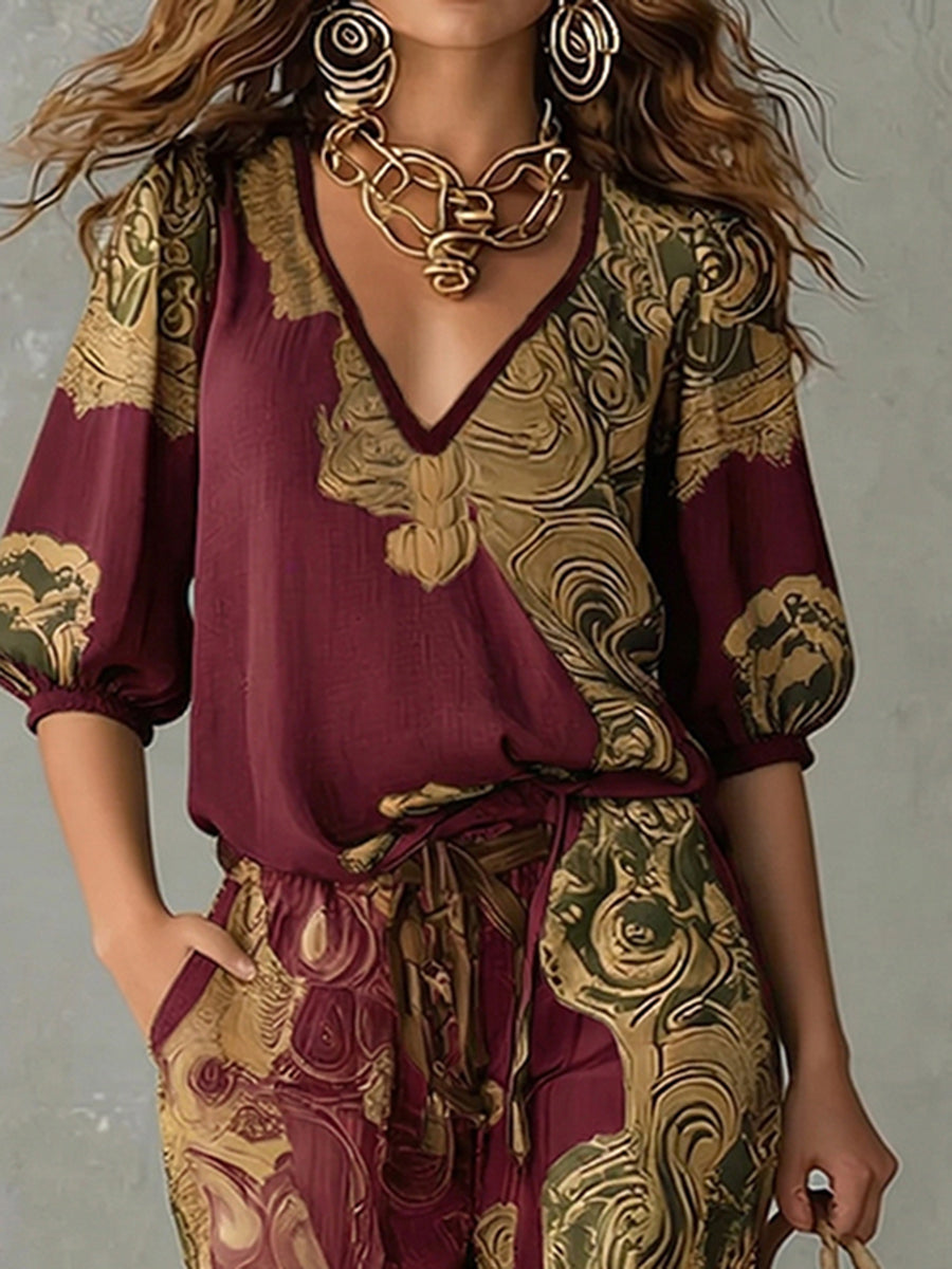 Bohemian Retro Vacation-style Printed V-neck Shirt