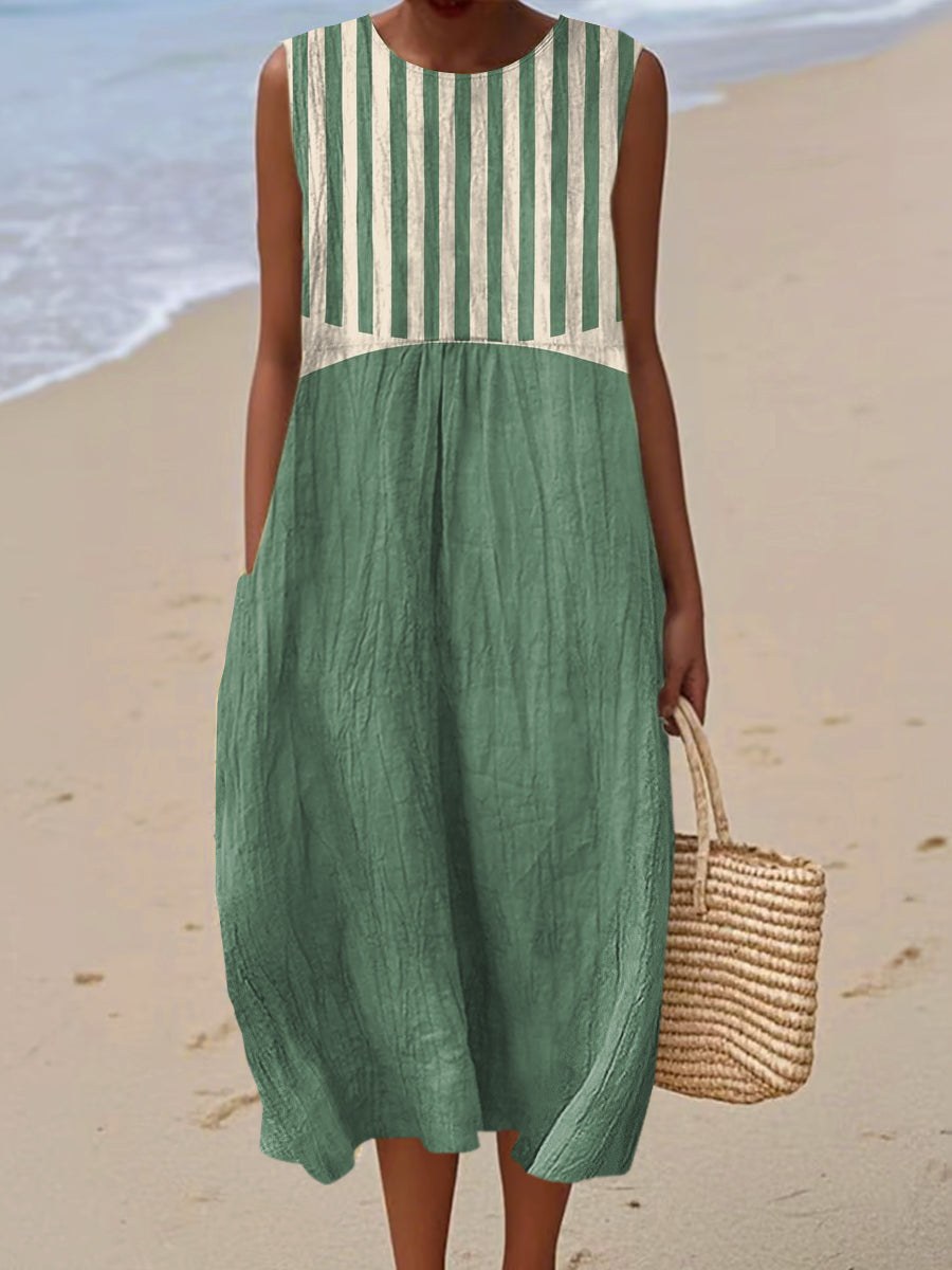 Women's Vintage Geometry Line Art Print Sleeveless Cotton Pocket Wrap Dress