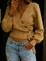 Women's Solid Color V-neck Tie-waist Long-sleeved Sweater