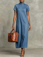 Women's Stand-collar Short-sleeve Loose-fit Casual Denim Dress
