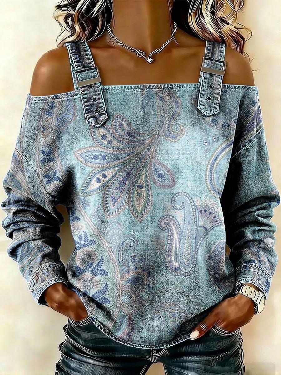 Women‘s Vintage Pattern Art Print Casual Cotton Denim Shirt