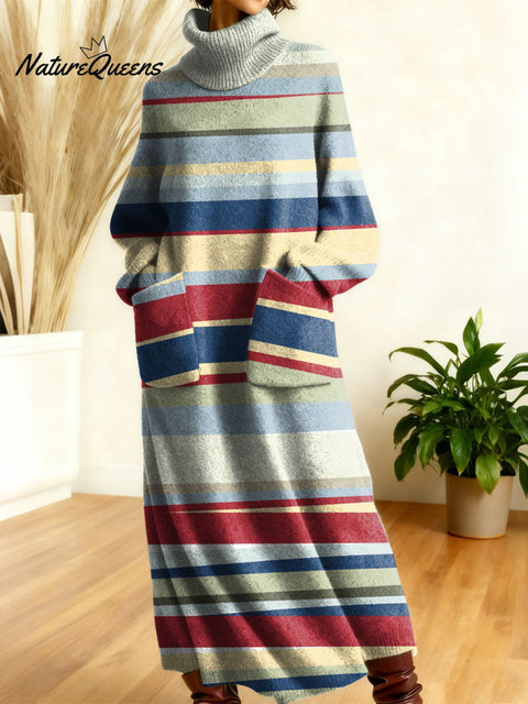 Women's Retro Geometry Stripes Color High-neck Long-sleeve Casual Loose Knit Dress