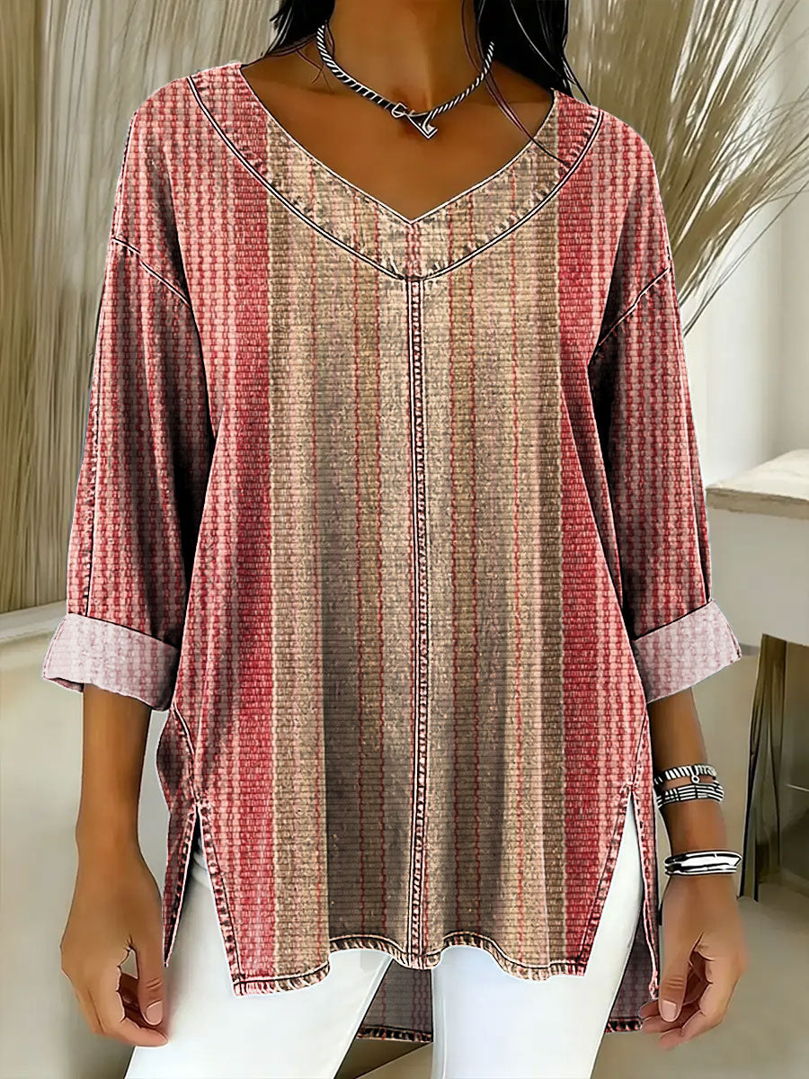 Women's Geometry Color Splicing Gradient Art Casual Washed Denim Cotton Top