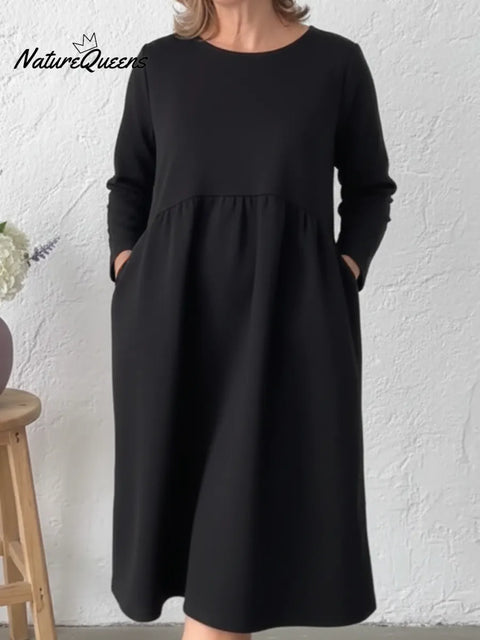 Classic Round Neck Solid Color A-line Dress