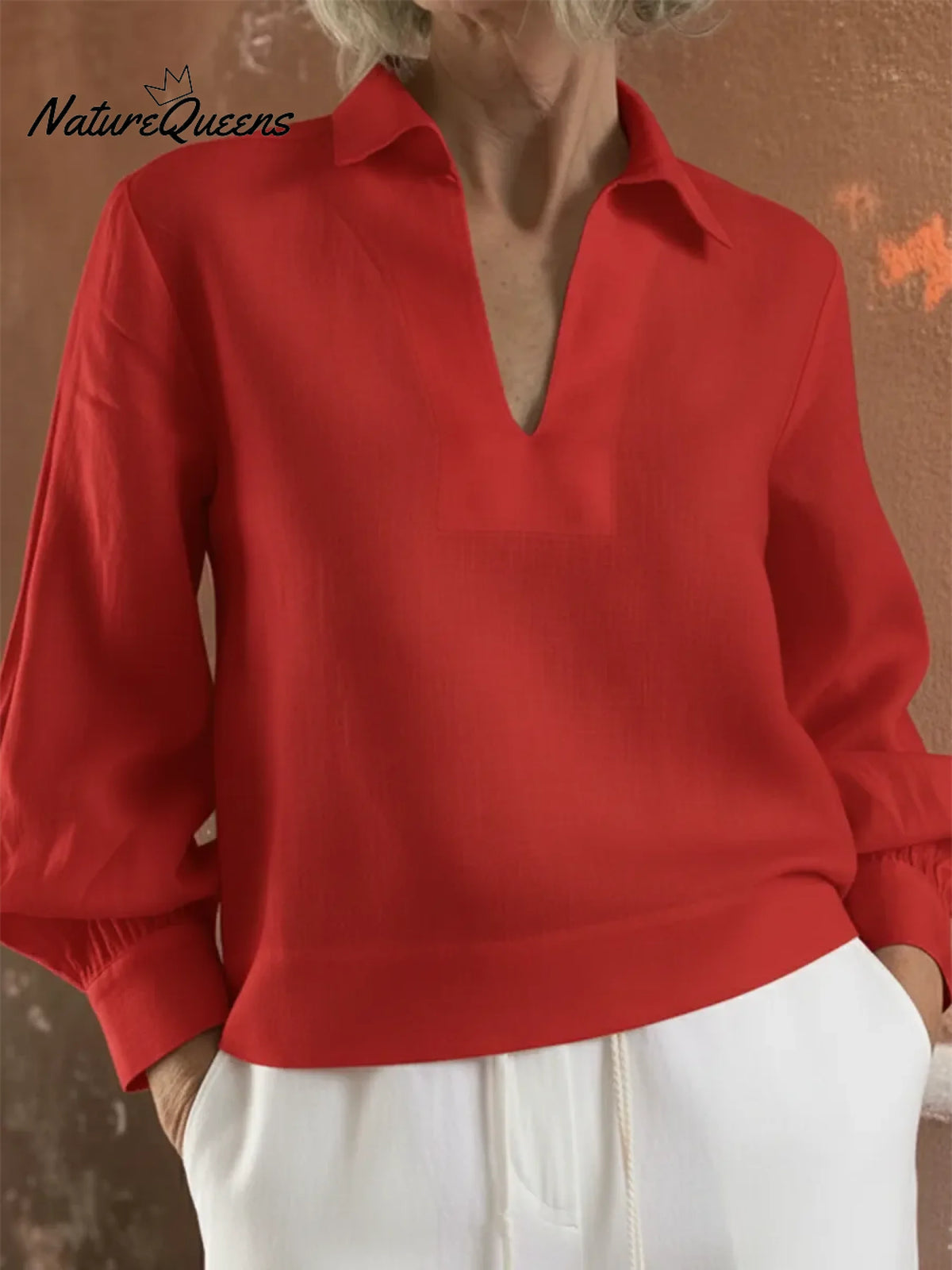 Classic Stand-up Collar Lantern Sleeve Linen Shirt Top