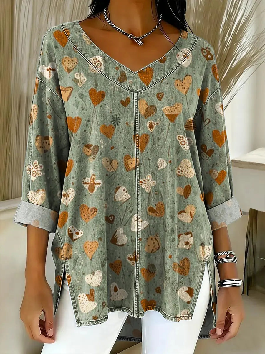 Women's Vintage Love Pattern Art Print Casual Denim Shirt