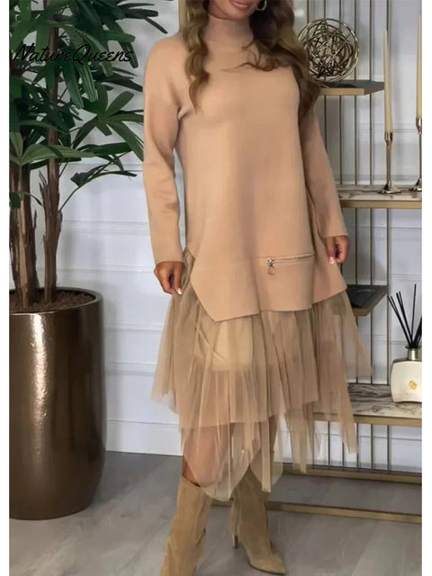 Women's Paneled Mesh Long Sleeve Dress