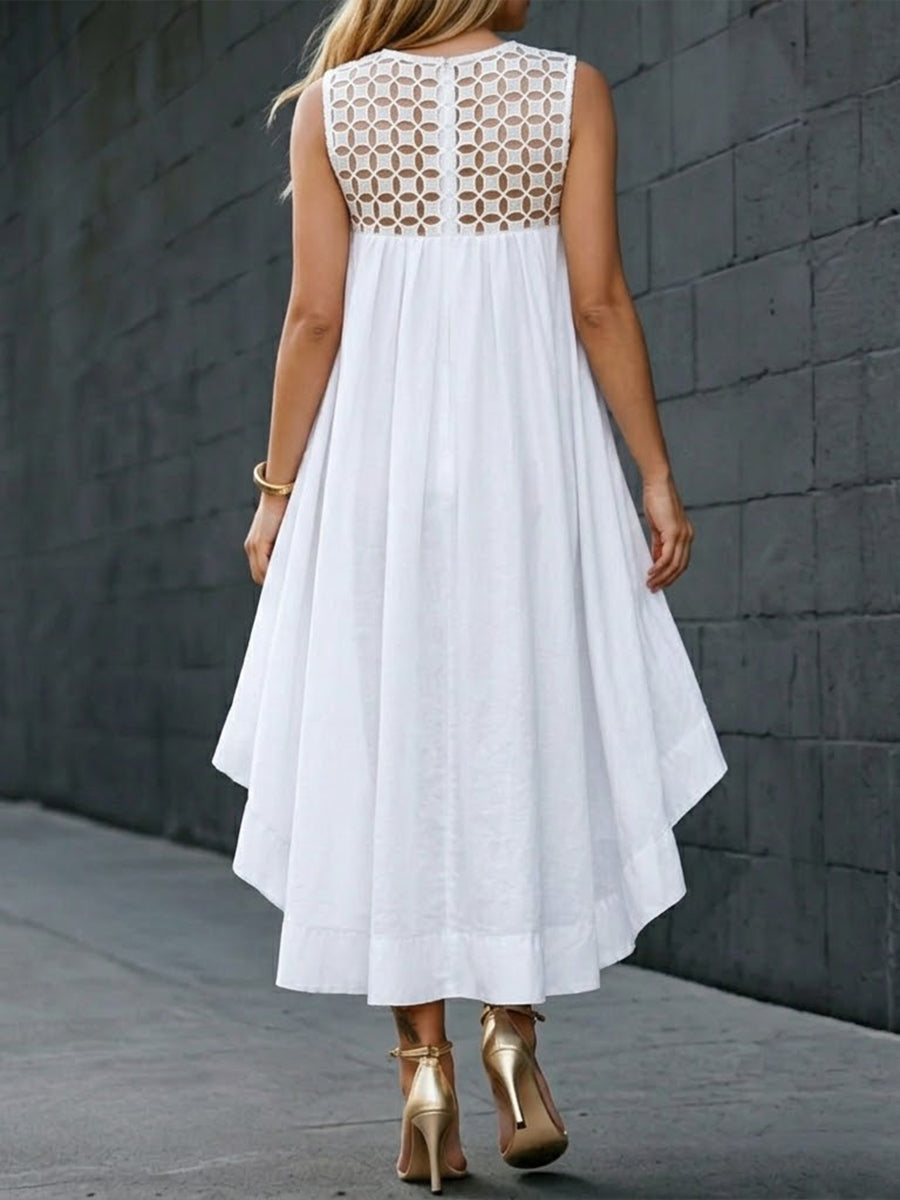 Stylish Cotton Dress With Lace Paneling And A High-low Hem