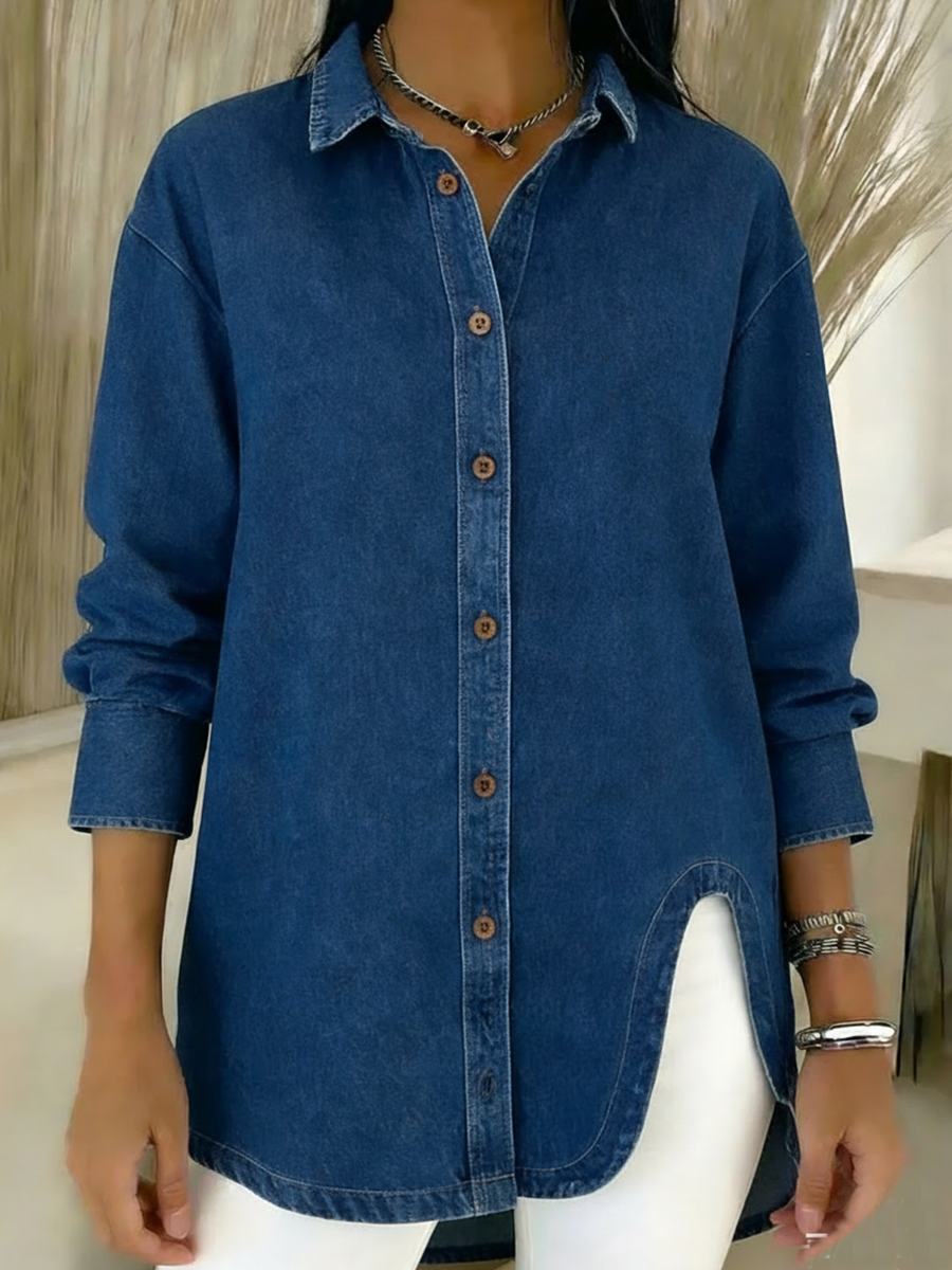 Casual Curved Hem Denim Shirt Top