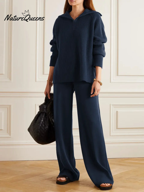 Women's Solid Color Collared Long-Sleeved Casual Loose Knit Top and High-Waisted Knit Wide-Leg Pants Set