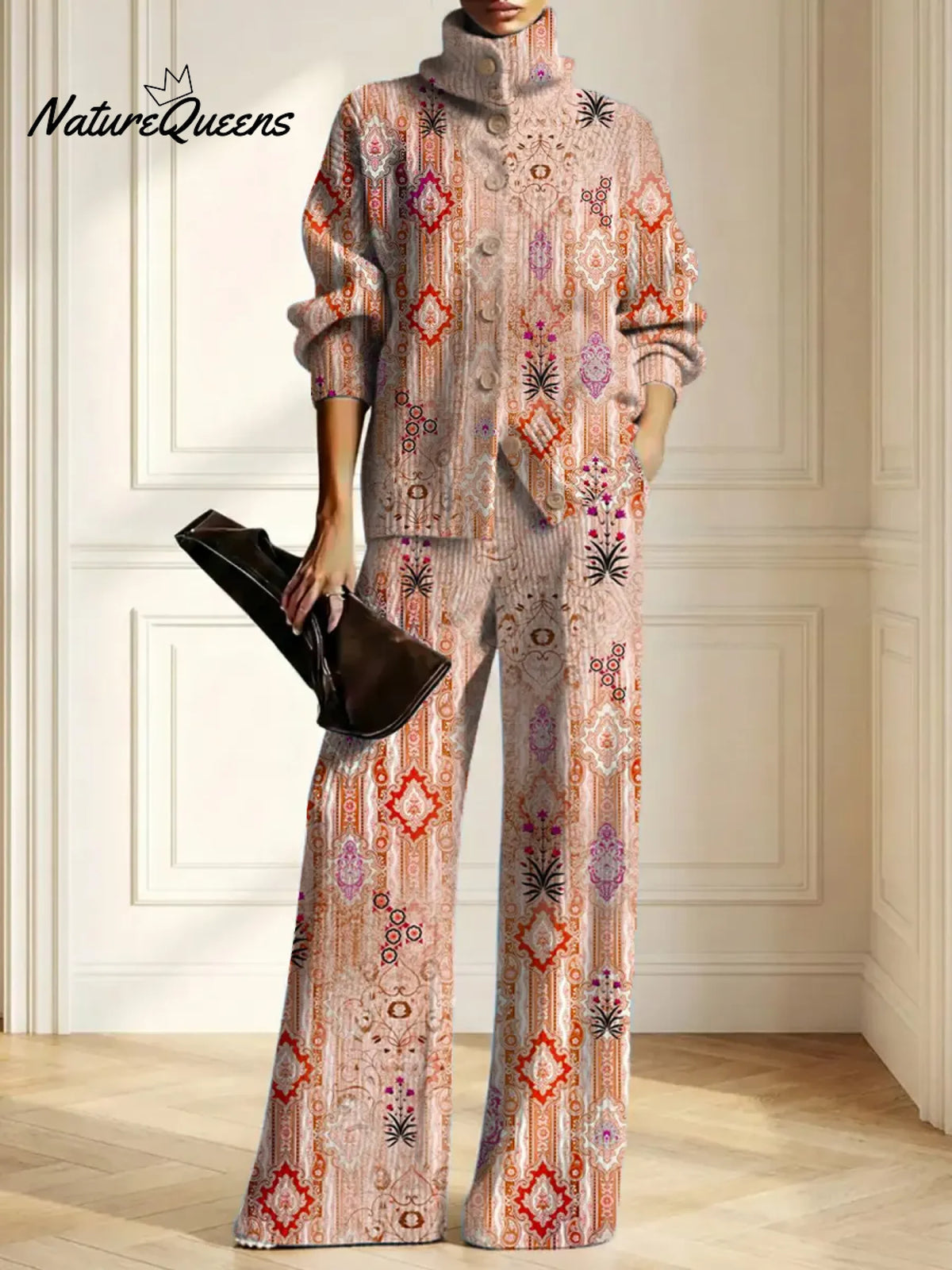 Women's Vintage Pattern Art Print Casual Cotton Knitted Suits