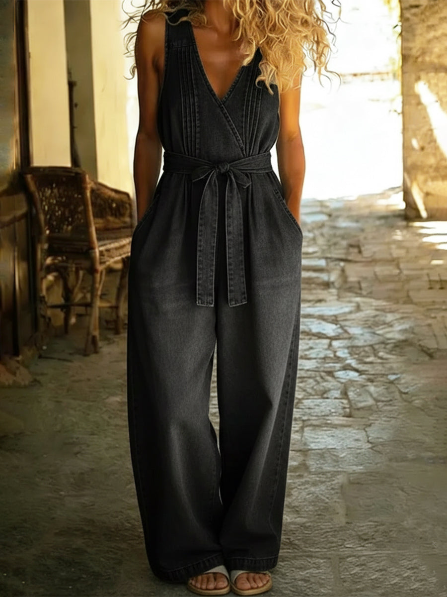 Casual Pleated Loose Denim Overalls Jumpsuit