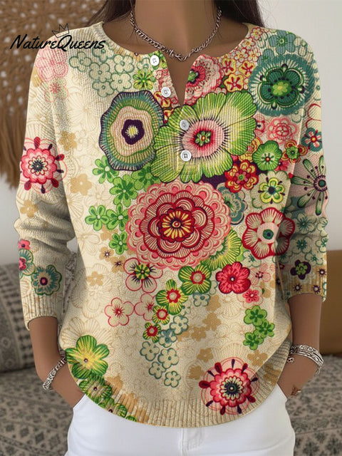 Women's Multicolor Flowers Pattern Art Print Buttoned Cardigan Sweater