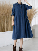 Women's Casual Loose Denim Dress With Shirt Collar And 3/4 Sleeves.