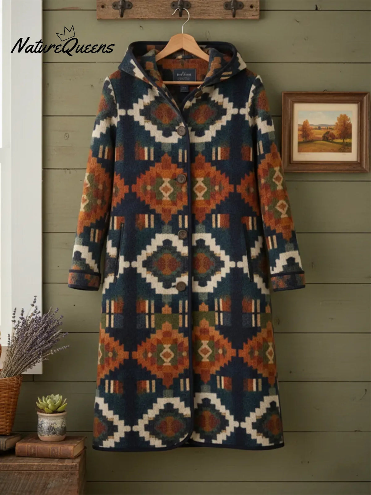Women's Vintage Wyeth Trail Printed Hooded Button Wool Coat