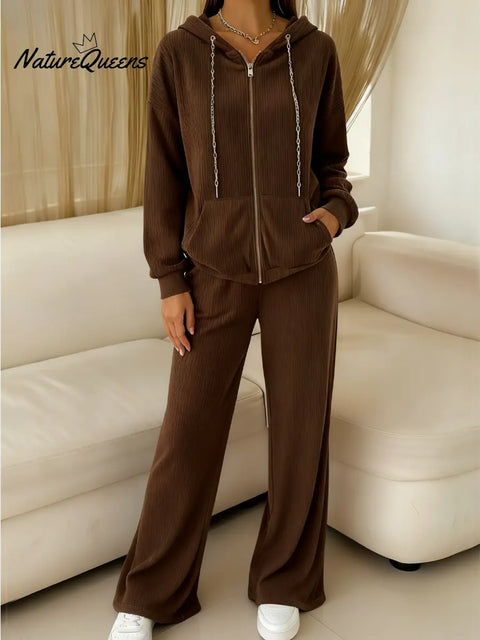 Women's Corduroy Zipper Hooded Sweatshirt and Pants Two-Piece Set
