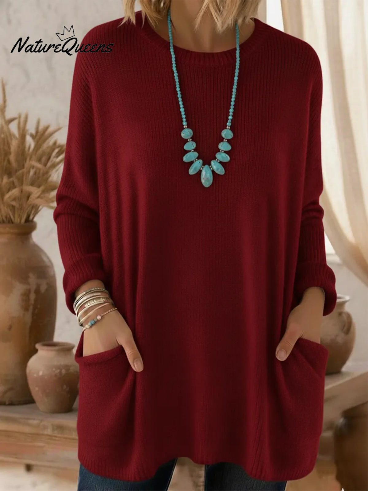 Cozy Loose-fitting Crew Neck Pocket Sweater Pullover