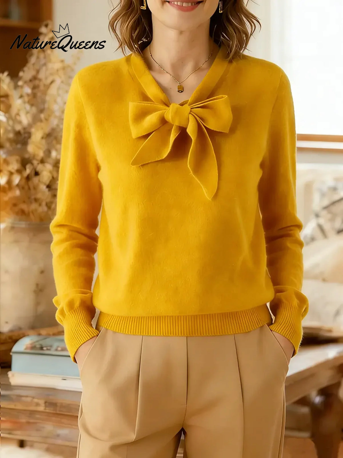 Women's Solid Color V-neck Bow Tie Long Sleeve Casual Loose Knit Sweater