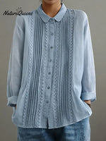 Women's Patchwork Lace Trim Linen And Cotton Pleated Shirt