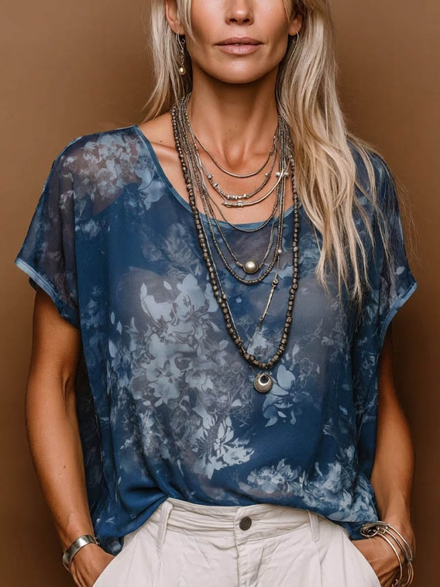 Women's Vintage-print Round-neck Short-sleeve Casual Loose Chiffon Top