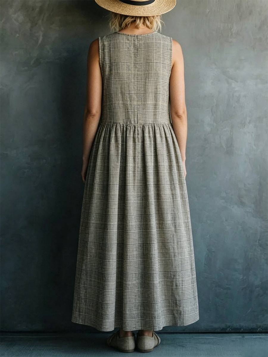 Plaid Crew Neck Sleeveless Linen-cotton Dress