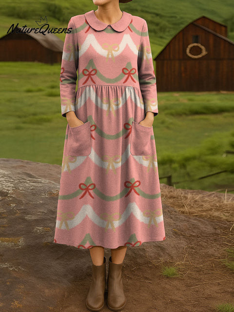 Christmas lace bow decorative pattern Casual Long Sleeve Dress