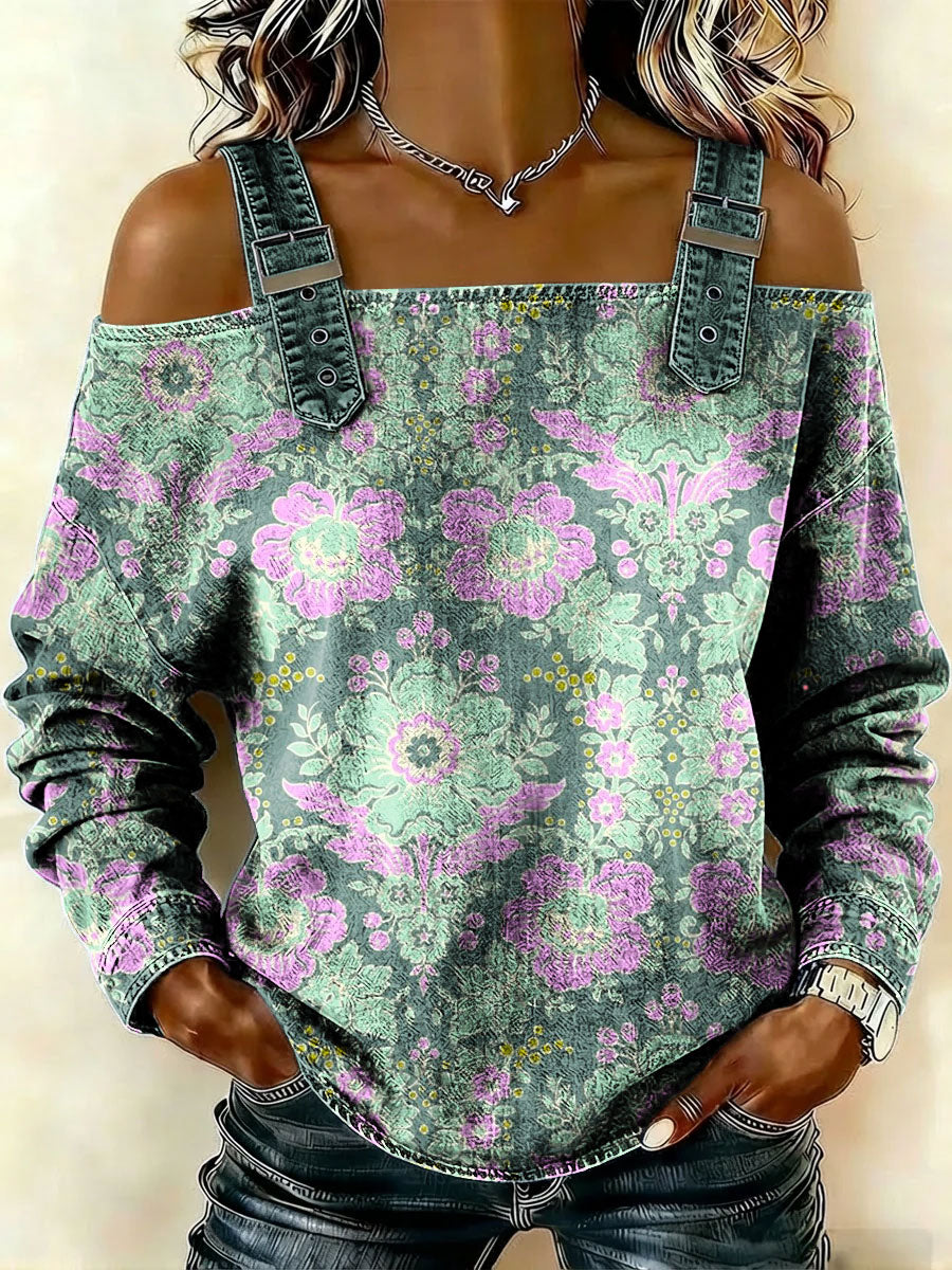 Women‘s Vintage Pattern Art Print Casual Cotton Denim Shirt